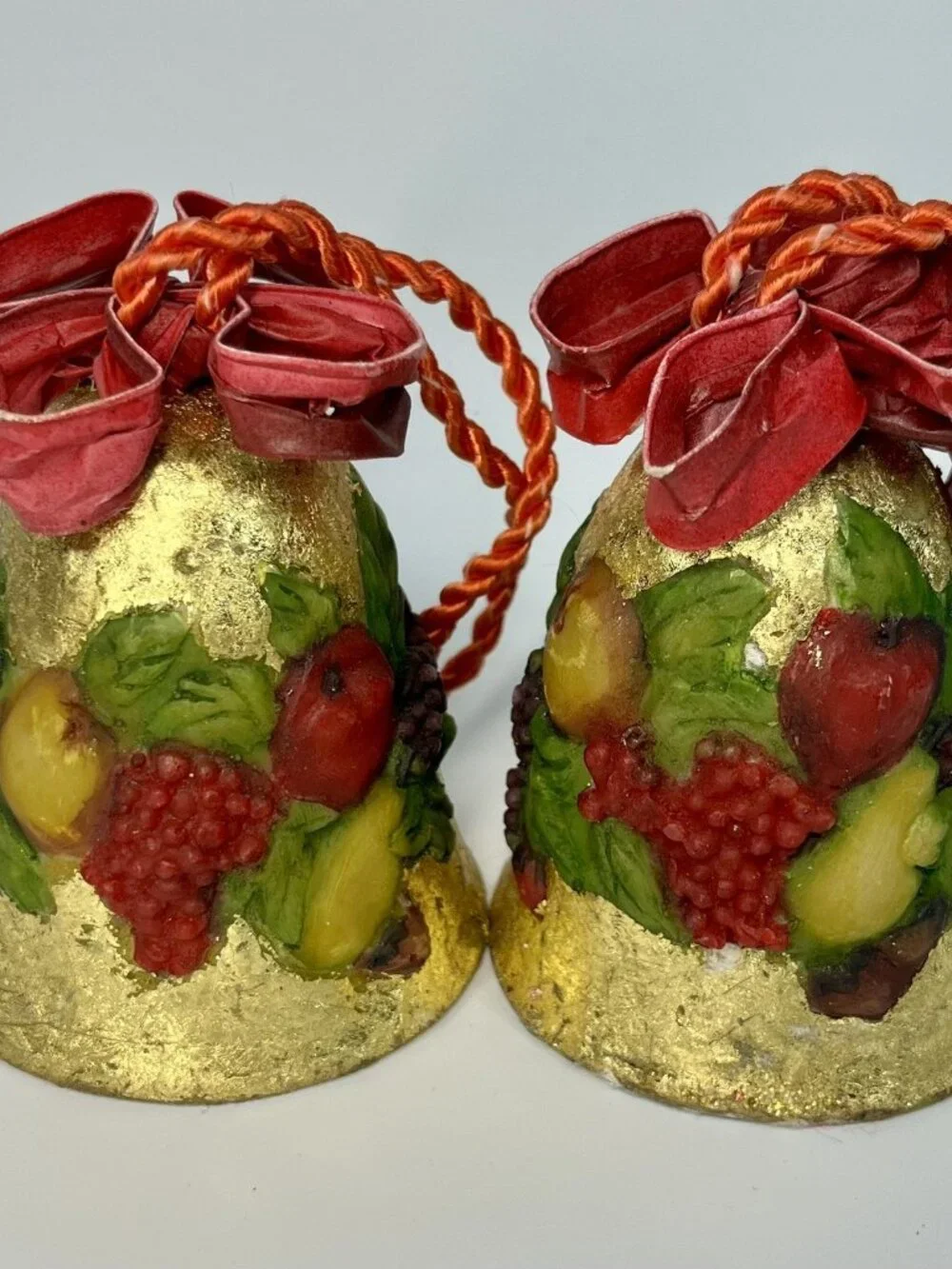 Dept 56 Gold Foil Bells RaisedFruit Design OrnamentWired Ribbon HTF Set Of 4